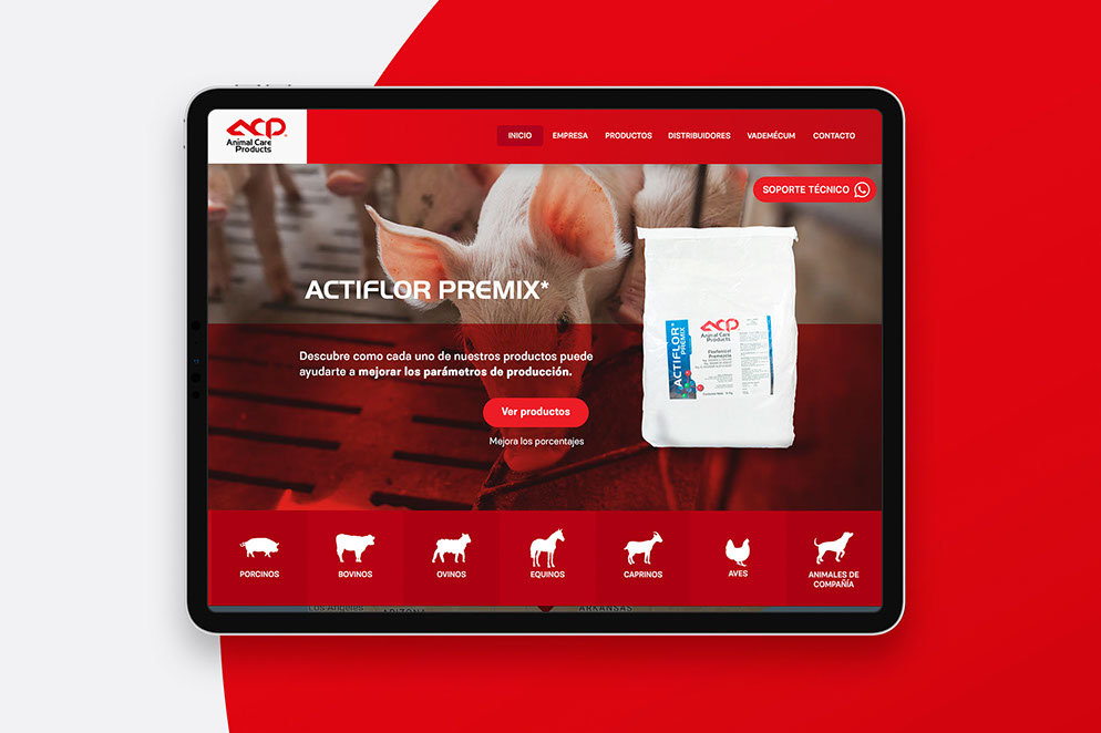 Imagen de una tableta mostrando el sitio web de animal care products méxico